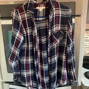 Maroon Blue Plaid Button Up Shirt Size Medium